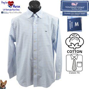 Vineyard Vines Medium Blue White Check 100% Cotton Classic Fit Whale Shirt L/S